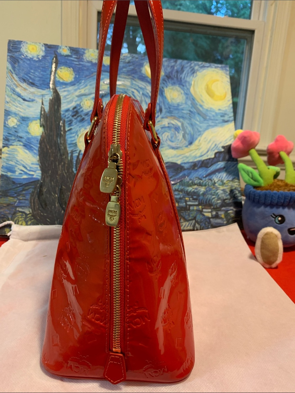 MCM Red Patent Leather Dome Tote with Gold Plaque Accent - Picture 5 of 12